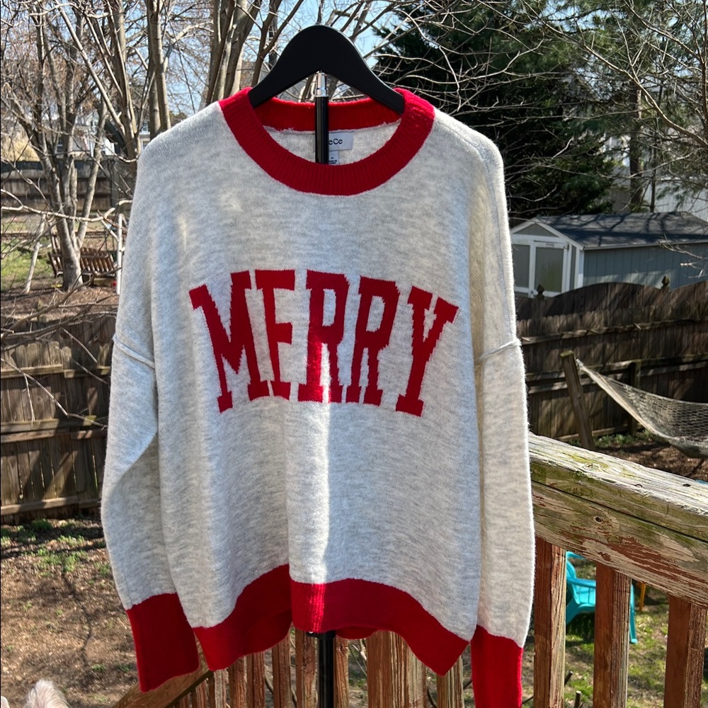CeCe Christmas Holiday Gray and Red 'Merry' Sweater